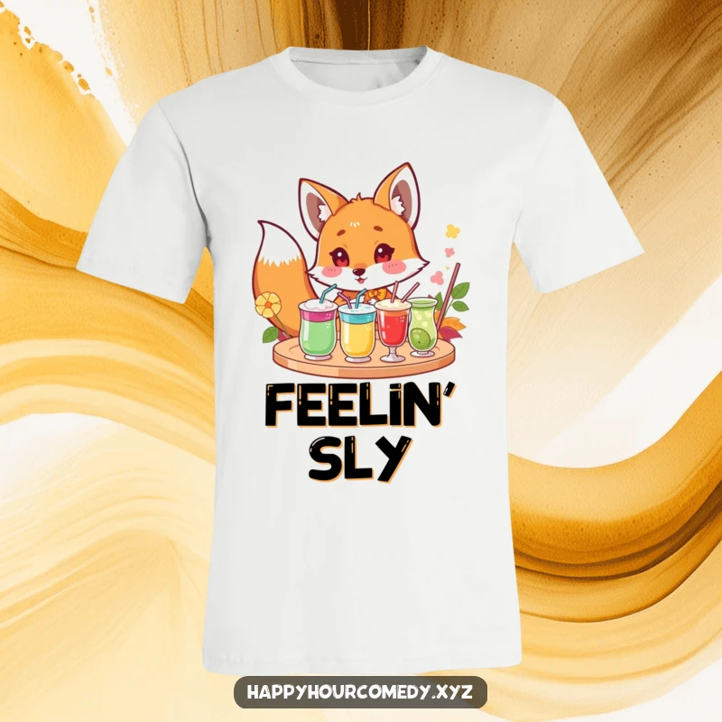 Funny Fox Drink T-Shirt: Curious fox character peeking excitedly at a tray of colorful drinks, awesome funny gift.