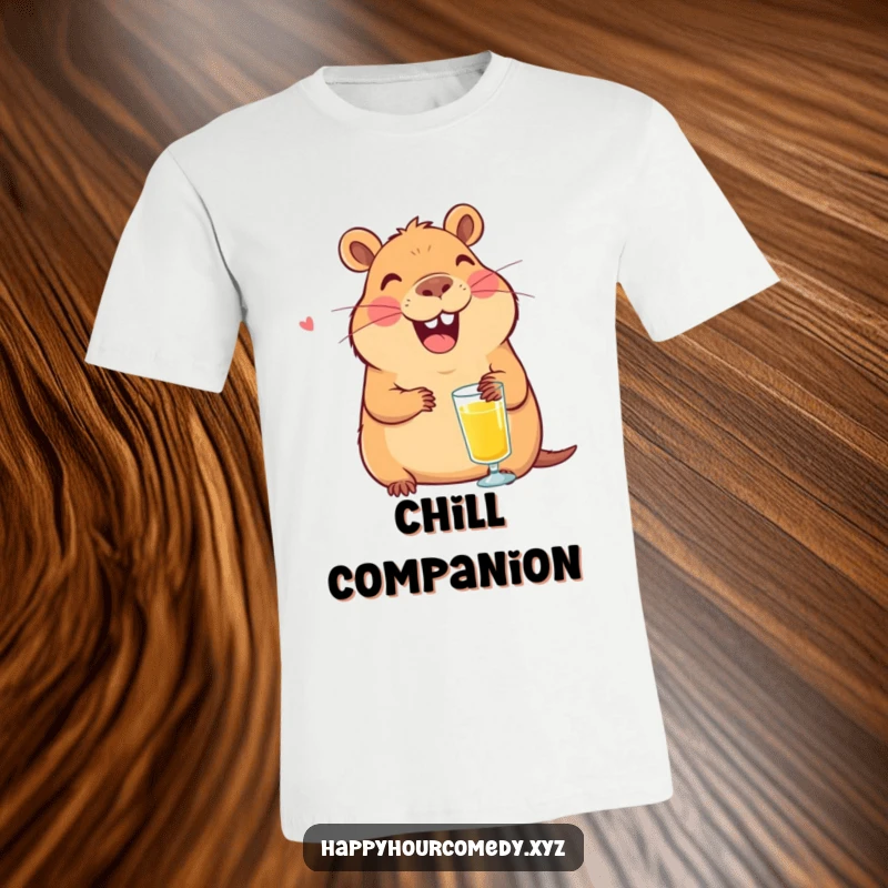 Funny Capybara Juice T-Shirt: Smiling capybara character laughing with a tiny glass of juice, amazing funny gift.