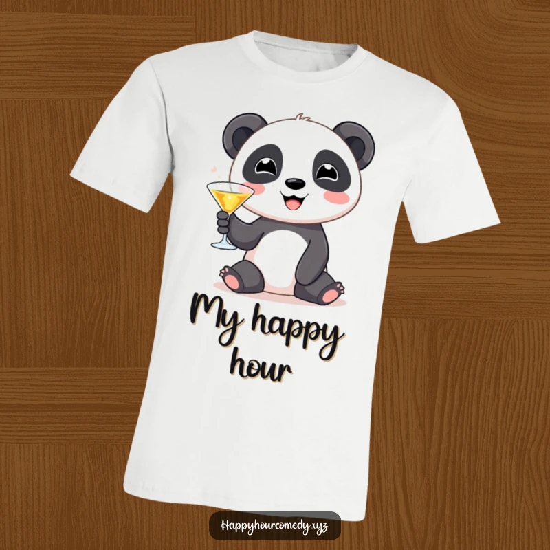Funny Panda Martini T-Shirt: Cute panda character smiling while holding a tiny martini glass, ideal funny gift.