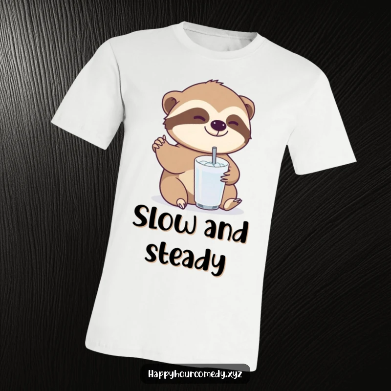 Funny Sloth Drink T-Shirt: Joyful sloth character slowly reaching for a small, bubbly drink, awesome funny gift.