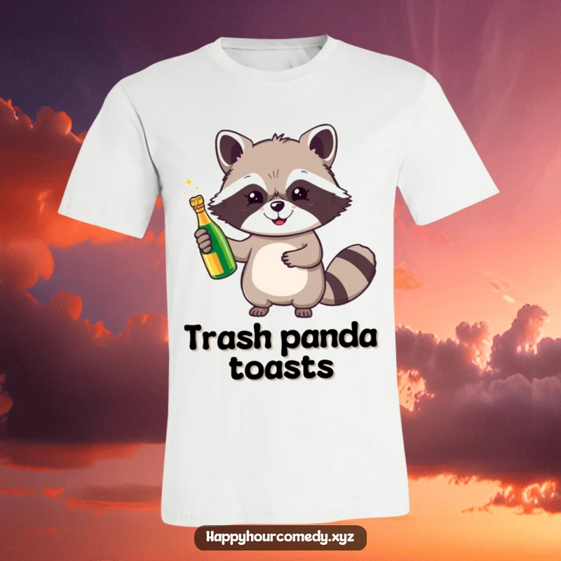 Funny Raccoon Champagne T-Shirt depicts a cheerful raccoon holding a tiny, sparkling champagne bottle, ready to celebrate with enthusiasm.