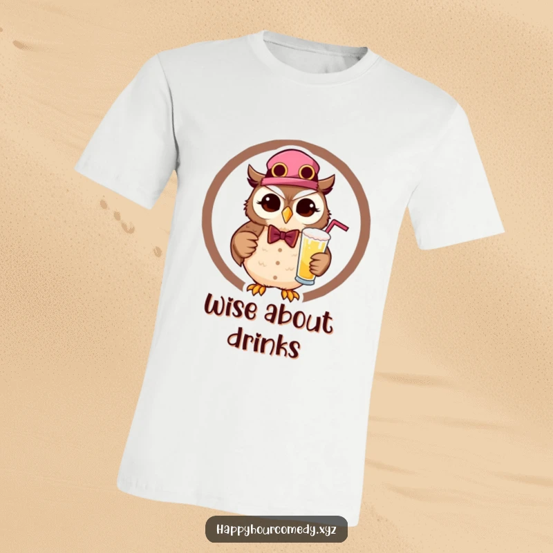 Funny Owl Bartender T-Shirt shows a cheerful owl in a bartender outfit, winking and holding a frothy drink, radiating fun vibes.