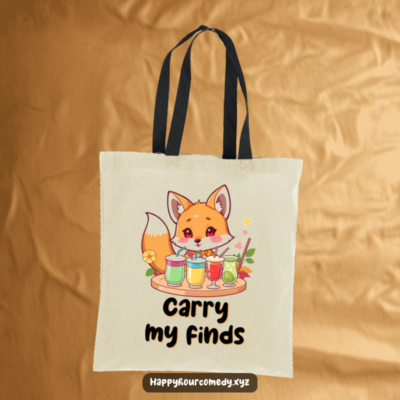 Funny Fox Drink Tote Bag: Curious fox character peeking excitedly at a tray of colorful drinks, practical funny gift.