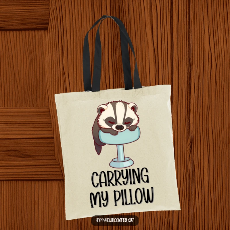 Funny Sleepy Badger Tote Bag features a sleepy badger attempting to get comfortable on a plush bar stool, perfect for carrying relaxation essentials.