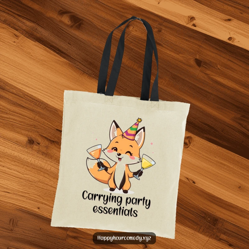 Funny Fox Juggler Tote Bag features a playful fox in a party hat, juggling three cocktail glasses, ready to carry your essentials with flair.