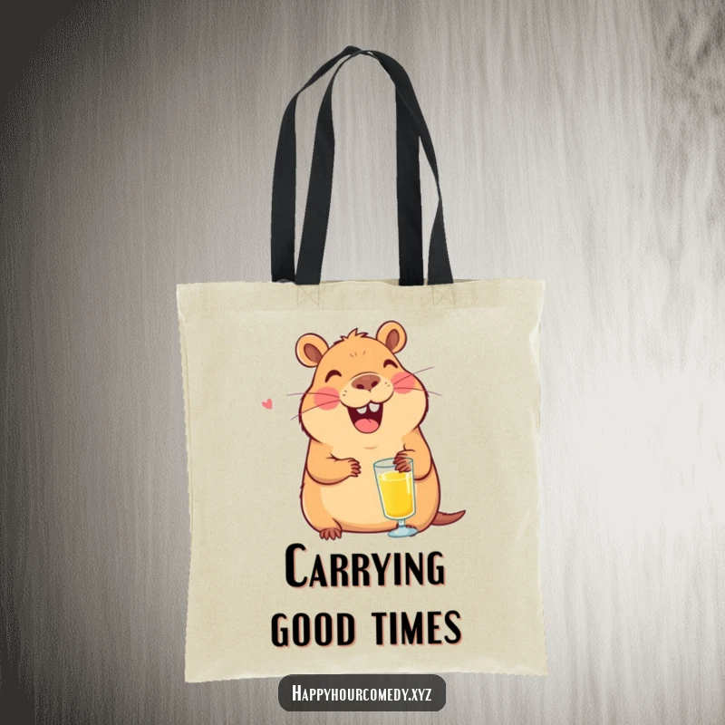 Funny Capybara Juice Tote Bag: Smiling capybara character laughing with a tiny glass of juice, practical funny gift.