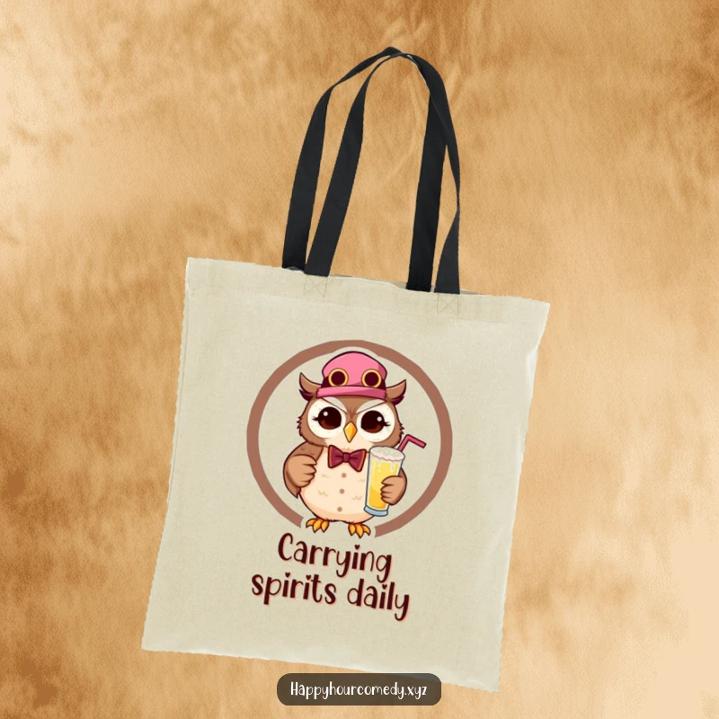 Funny Owl Bartender Tote Bag showcases a happy, winking owl in a bartender's attire, holding a frothy drink, perfect for carrying laughter.