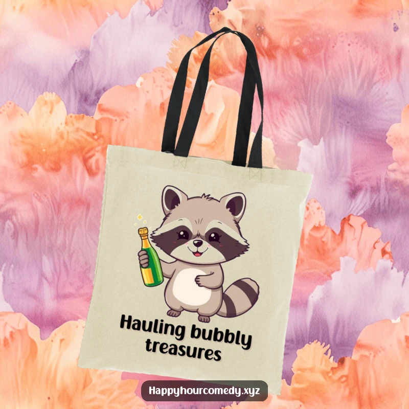 Funny Raccoon Champagne Tote Bag features a cheerful raccoon holding a tiny, sparkling champagne bottle, ready for any celebratory outing.